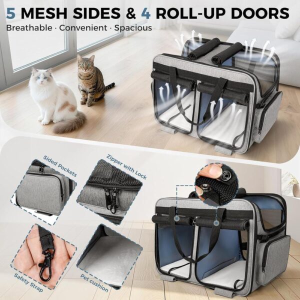 Extra Large Double Cat Carrier with Lockable Wheels – 2-in-1 Convertible Rolling Travel Crate for 2 Cats, 40 lb Capacity, Foldable with Multi-Entry Mesh Windows
