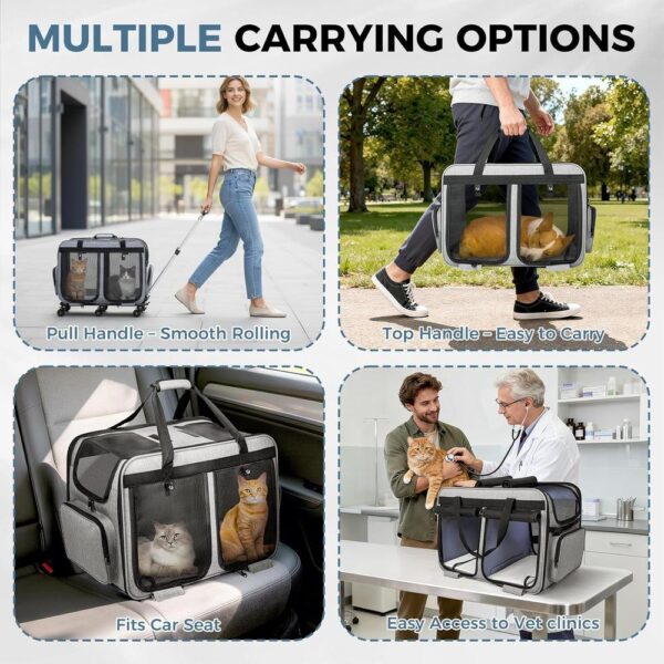 Extra Large Double Cat Carrier with Lockable Wheels – 2-in-1 Convertible Rolling Travel Crate for 2 Cats, 40 lb Capacity, Foldable with Multi-Entry Mesh Windows
