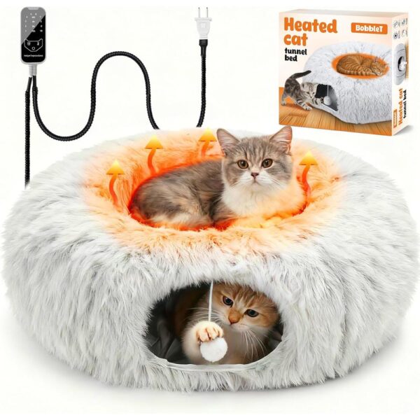 Heated Cat Tunnel Bed Indoor – 31.5’’ Donut Peekaboo Cave with Waterproof Heating Pad, Timer & Temp Control