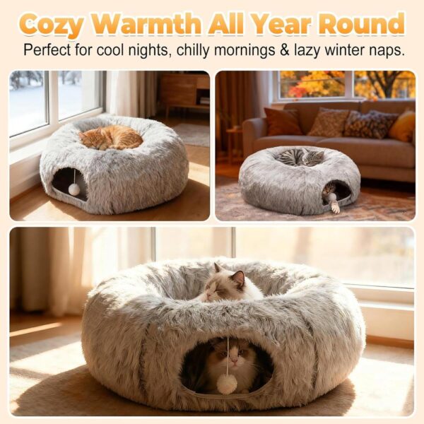 Heated Cat Tunnel Bed Indoor – 31.5’’ Donut Peekaboo Cave with Waterproof Heating Pad, Timer & Temp Control