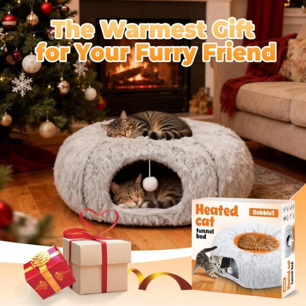 Heated Cat Tunnel Bed Indoor – 31.5’’ Donut Peekaboo Cave with Waterproof Heating Pad, Timer & Temp Control