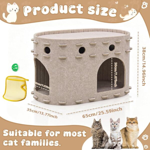 Indoor Felt Cat House Hideaway – Cozy Covered Cat Bed with Play Bell & Dual Entrances, Durable Felt Cave for Cats up to 14 lbs