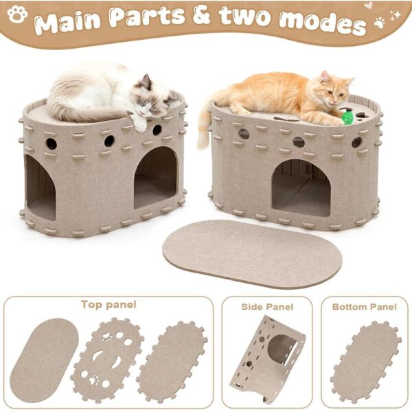 Indoor Felt Cat House Hideaway – Cozy Covered Cat Bed with Play Bell & Dual Entrances, Durable Felt Cave for Cats up to 14 lbs