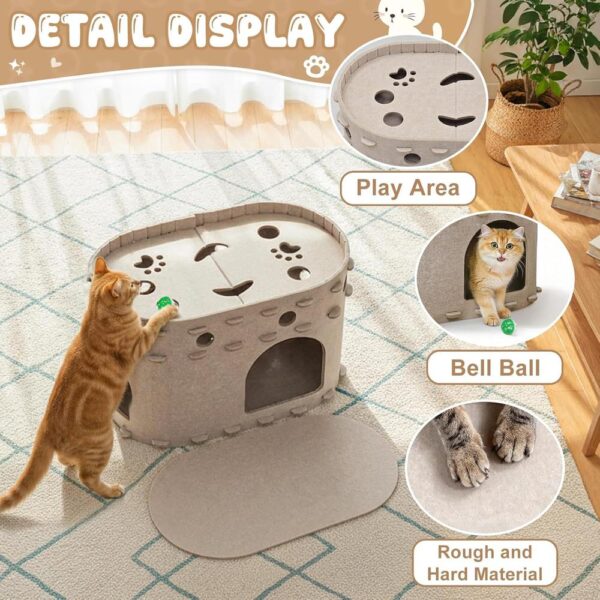 Indoor Felt Cat House Hideaway – Cozy Covered Cat Bed with Play Bell & Dual Entrances, Durable Felt Cave for Cats up to 14 lbs