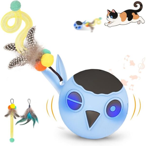 Interactive Motion-Activated Cat Toy – USB Rechargeable Smart Rolling Ball with Feather Tail, Chirping Sounds & LED Lights