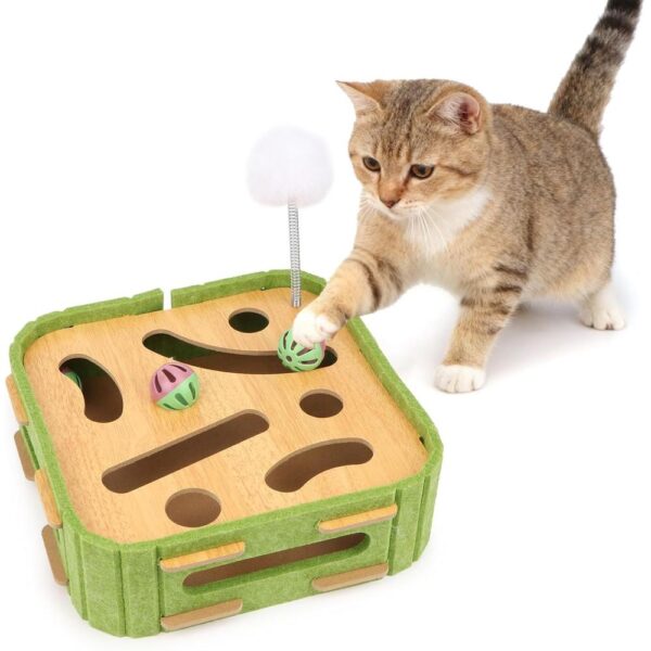 Interactive Wooden Cat Puzzle Box – Enrichment Maze Toy with Scratch Pads, Jingle Balls & Wand Attachments for Indoor Mental Stimulation