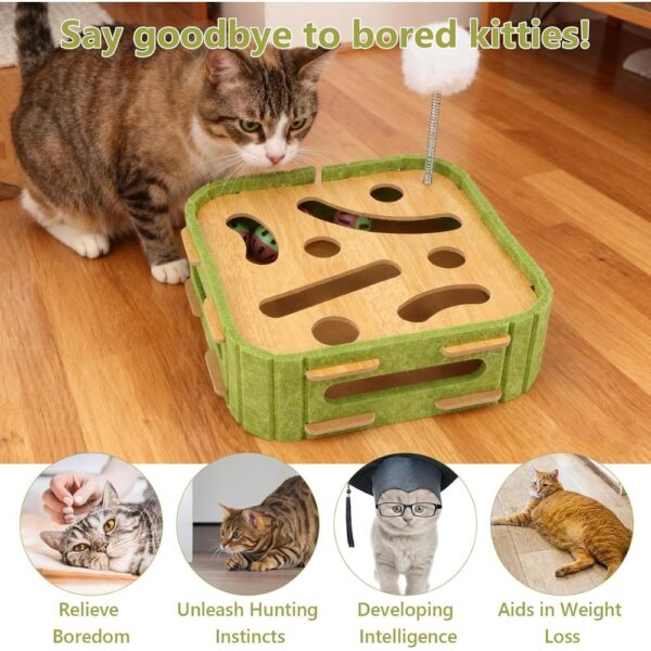 Interactive Wooden Cat Puzzle Box – Enrichment Maze Toy with Scratch Pads, Jingle Balls & Wand Attachments for Indoor Mental Stimulation