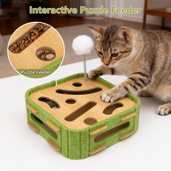 Interactive Wooden Cat Puzzle Box – Enrichment Maze Toy with Scratch Pads, Jingle Balls & Wand Attachments for Indoor Mental Stimulation