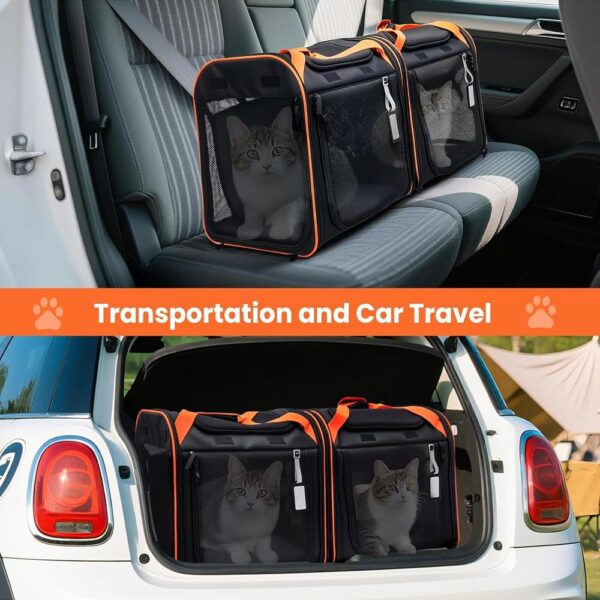 Large 2-in-1 Cat Carrier with Litter Box & Travel Bowls – Hard-Sided Double Carrier for 2 Cats, Locking Zippers, Ventilated Design for Long Trips & Outdoor Adventures