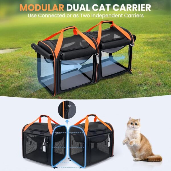 Large 2-in-1 Cat Carrier with Litter Box & Travel Bowls – Hard-Sided Double Carrier for 2 Cats, Locking Zippers, Ventilated Design for Long Trips & Outdoor Adventures