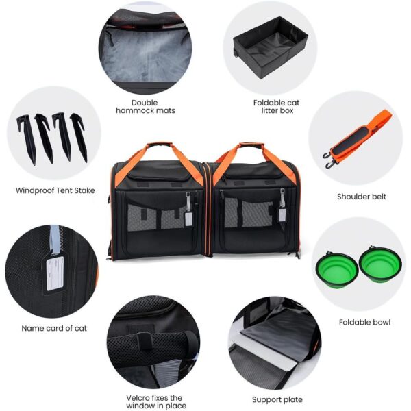 Large 2-in-1 Cat Carrier with Litter Box & Travel Bowls – Hard-Sided Double Carrier for 2 Cats, Locking Zippers, Ventilated Design for Long Trips & Outdoor Adventures