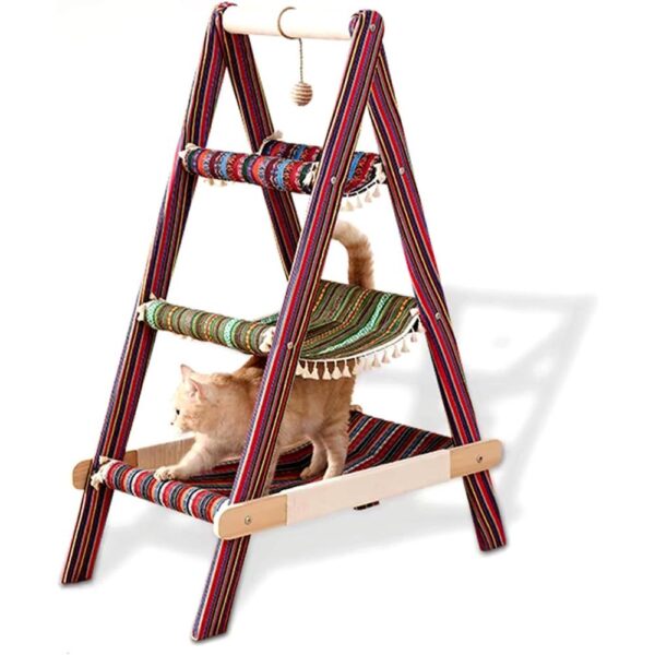 Modern Boho Style 3-Tier Wooden Cat Tree Tower with Multi-Level Hammocks, Ladder Climber & Scratching Post