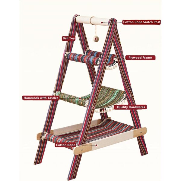 Modern Boho Style 3-Tier Wooden Cat Tree Tower with Multi-Level Hammocks, Ladder Climber & Scratching Post