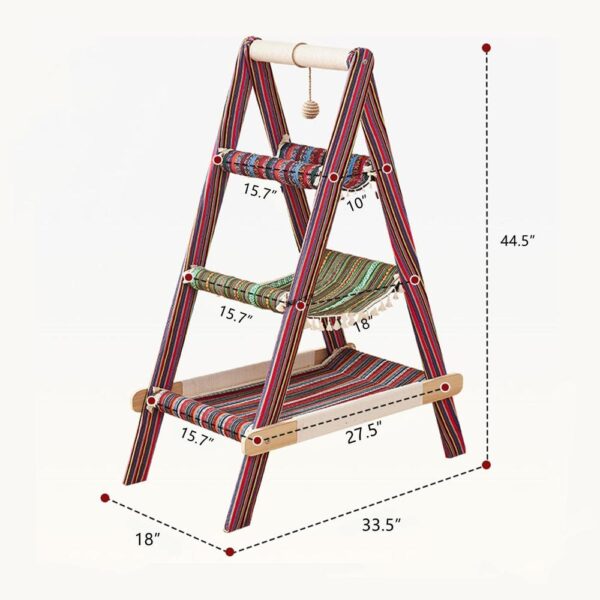 Modern Boho Style 3-Tier Wooden Cat Tree Tower with Multi-Level Hammocks, Ladder Climber & Scratching Post
