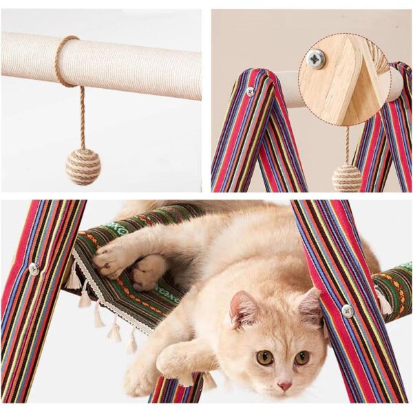 Modern Boho Style 3-Tier Wooden Cat Tree Tower with Multi-Level Hammocks, Ladder Climber & Scratching Post