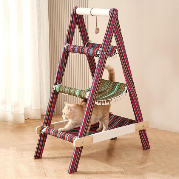 Modern Boho Style 3-Tier Wooden Cat Tree Tower with Multi-Level Hammocks, Ladder Climber & Scratching Post