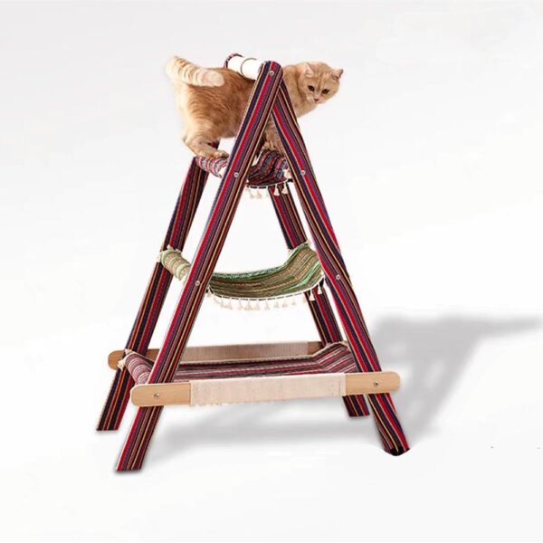 Modern Boho Style 3-Tier Wooden Cat Tree Tower with Multi-Level Hammocks, Ladder Climber & Scratching Post