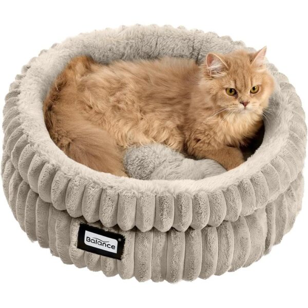 Plush Donut Cat Bed with Raised Rim, Soft Faux Fur & Anti-Slip Bottom