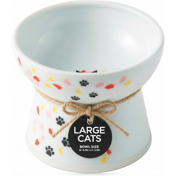 Raised Ceramic Cat Bowl -01 Raised Ceramic Cat Bowl — Sakura Floral Design, Whisker-Friendly Elevated Dish (Large, 2-Cup Capacity)