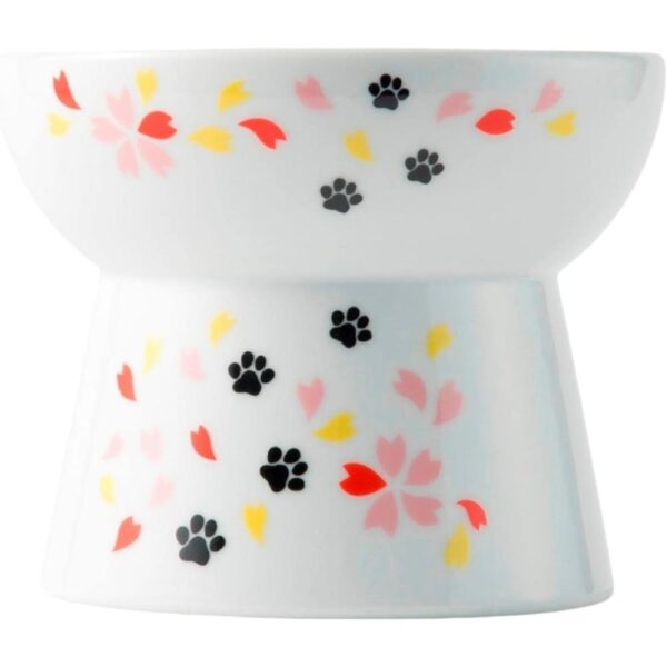 Raised Ceramic Cat Bowl — Sakura Floral Design, Whisker-Friendly Elevated Dish (Large, 2-Cup Capacity)