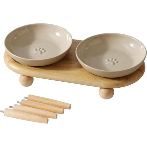 Raised Ceramic Whisker-Friendly Cat Bowls — Wide, Shallow Dishes with 2-Height Adjustable Stand