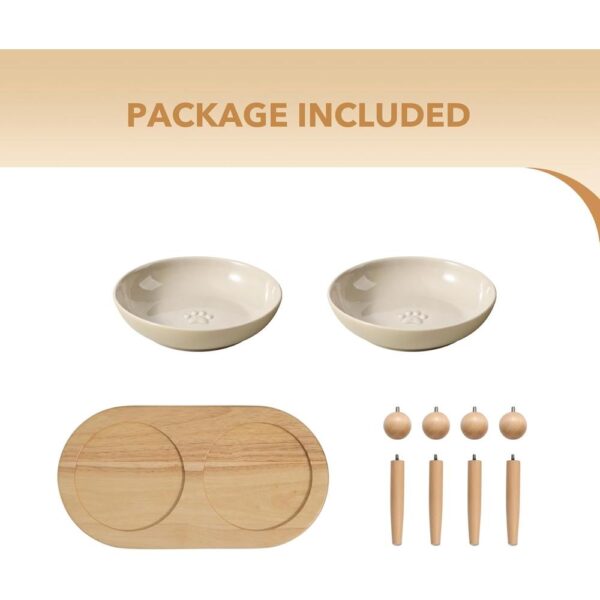 Raised Ceramic Whisker-Friendly Cat Bowls — Wide, Shallow Dishes with 2-Height Adjustable Stand