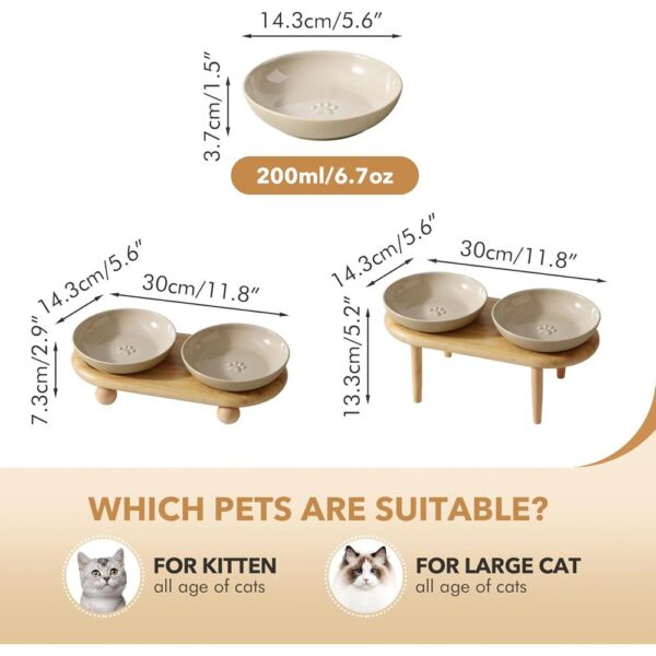 Raised Ceramic Whisker-Friendly Cat Bowls — Wide, Shallow Dishes with 2-Height Adjustable Stand