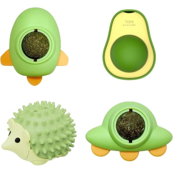 Rotatable Catnip Balls for Indoor Cats – 4-Pack Natural Mint Dental Toys with Tooth-Cleaning Textures & Peel-and-Stick Bases