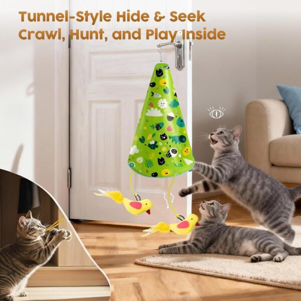 2-in-1 Interactive Hide-and-Seek Cat Toy – Automatic Moving Undercover Teaser with Chirping Sounds, Feather & Mouse Attachments, USB Rechargeable