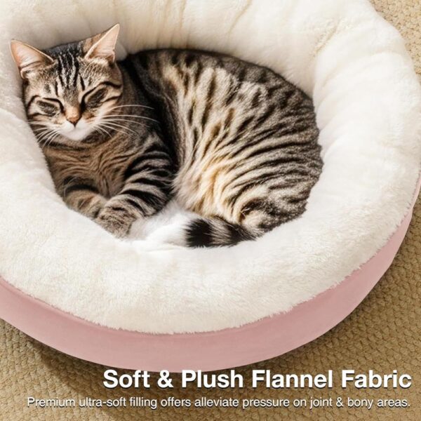 Round Plush Donut Cat Bed with Raised Rim, Extra Filling & Anti-Slip Bottom
