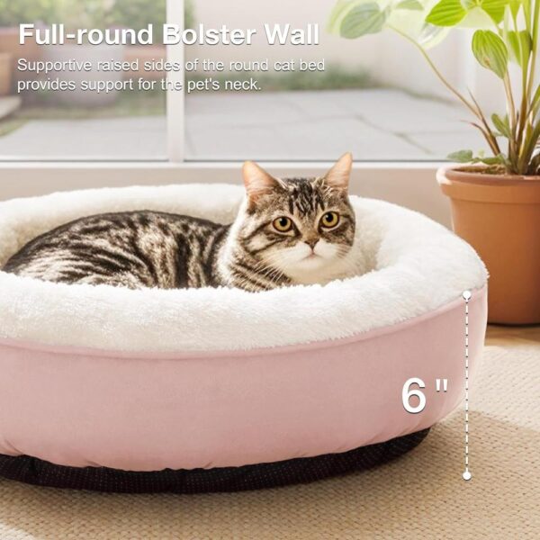 Round Plush Donut Cat Bed with Raised Rim, Extra Filling & Anti-Slip Bottom