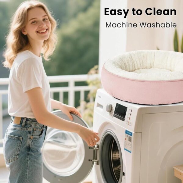 Round Plush Donut Cat Bed with Raised Rim, Extra Filling & Anti-Slip Bottom