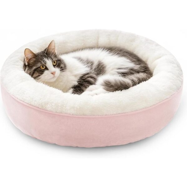 Round Plush Donut Cat Bed with Raised Rim, Extra Filling & Anti-Slip Bottom