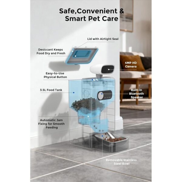 Smart Cat Feeder with 4MP HD Camera – 3.5L Automatic Pet Food Dispenser with Night Vision, Two-Way Audio, Laser Play, AI Activity Capture & 5G Wi-Fi App Control