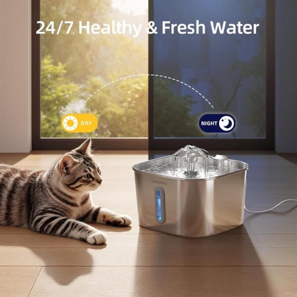 Stainless Steel Cat Water Fountain — 74oz/2.2L Ultra-Quiet Flow with Water-Level Window & Multi-Stage Filtration