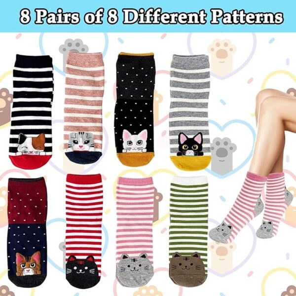 Women’s Cute Cat Socks – 8-Pack Fun Novelty Cat Crew Socks, Colorful Christmas Gift Set for Cat Lovers`