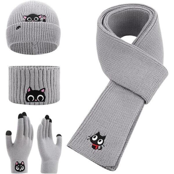 Women’s Winter Cat Lover Knit Set-01 Women’s Winter Cat Lover Knit Set – Warm Beanie, Headband, Scarf & Gloves with Cute Black Cat Design