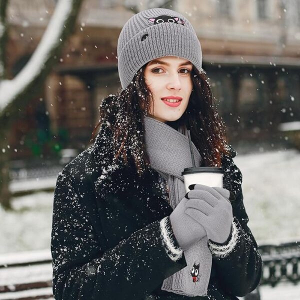 Women’s Winter Cat Lover Knit Set – Warm Beanie, Headband, Scarf & Gloves with Cute Black Cat Design