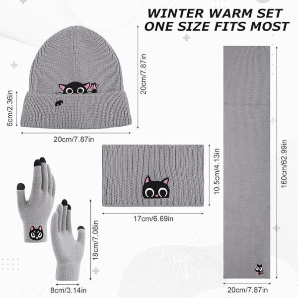 Women’s Winter Cat Lover Knit Set – Warm Beanie, Headband, Scarf & Gloves with Cute Black Cat Design
