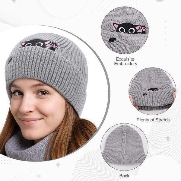 Women’s Winter Cat Lover Knit Set – Warm Beanie, Headband, Scarf & Gloves with Cute Black Cat Design