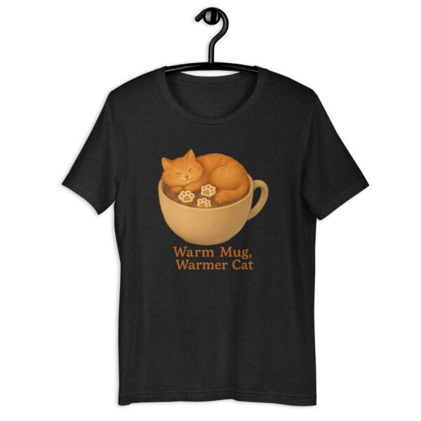 unisex-staple-t-shirt-black-heather-front-693d352ea9ec4.jpg Cozy Cocoa Cat – Warm Mug, Warmer Cat Tee