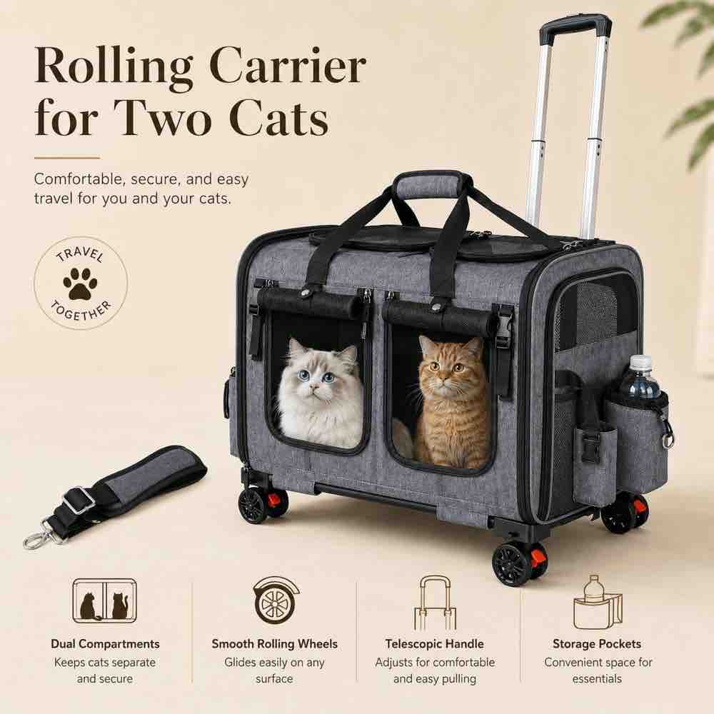 rolling cat carrier for two cats with wheels telescopic handle and breathable mesh