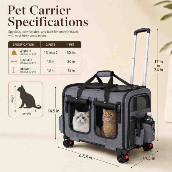 rolling cat carrier for two cats with wheels telescopic handle and breathable mesh