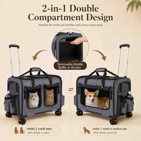 rolling cat carrier for two cats with wheels telescopic handle and breathable mesh
