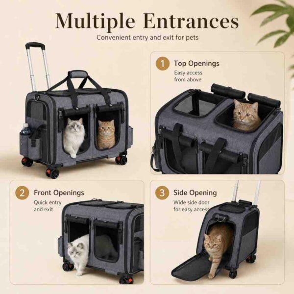 rolling cat carrier for two cats with wheels telescopic handle and breathable mesh