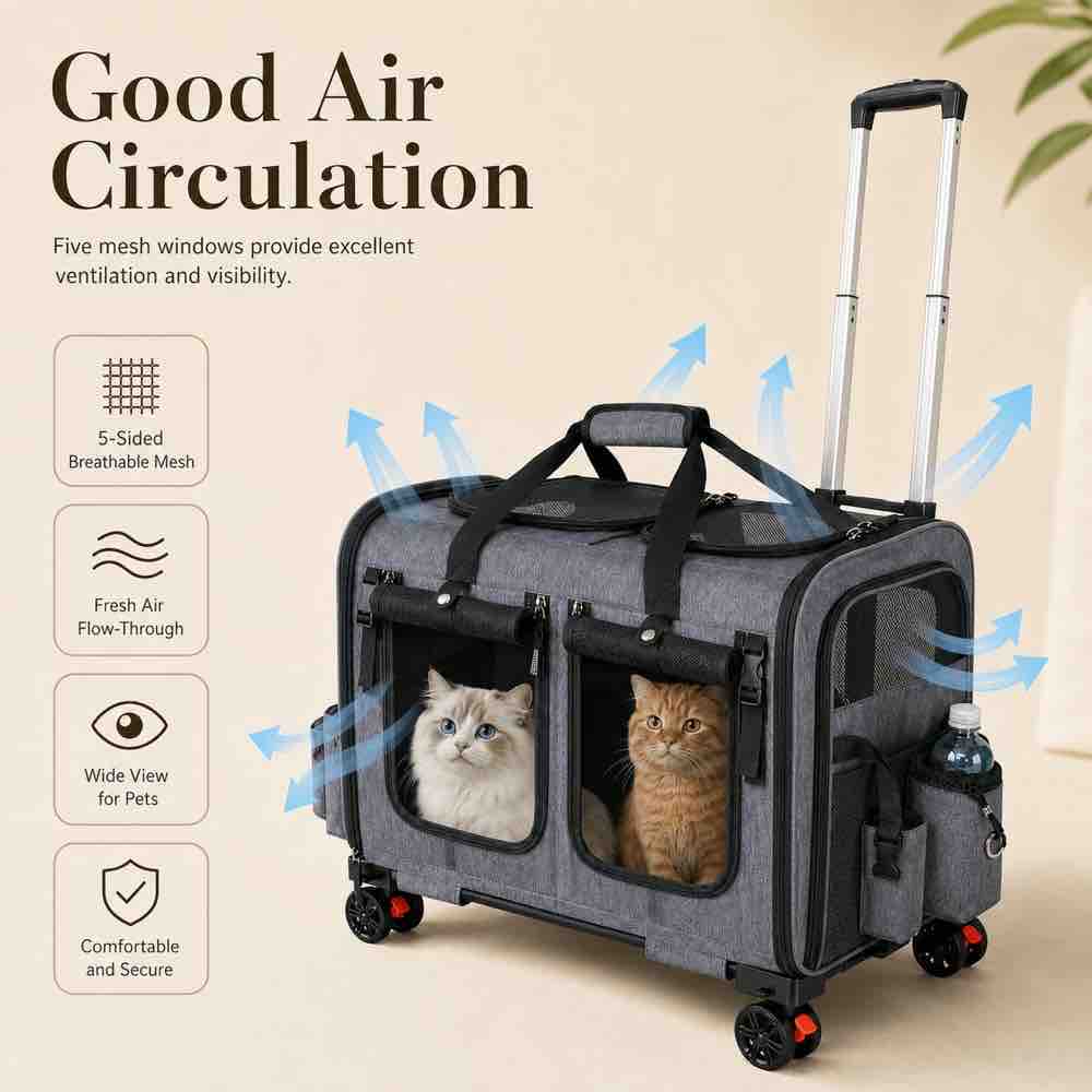 Rolling Cat Carrier for Two Cats with Wheels and Telescopic Handle