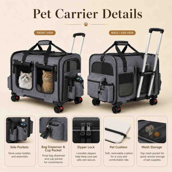 rolling cat carrier for two cats with wheels telescopic handle and breathable mesh